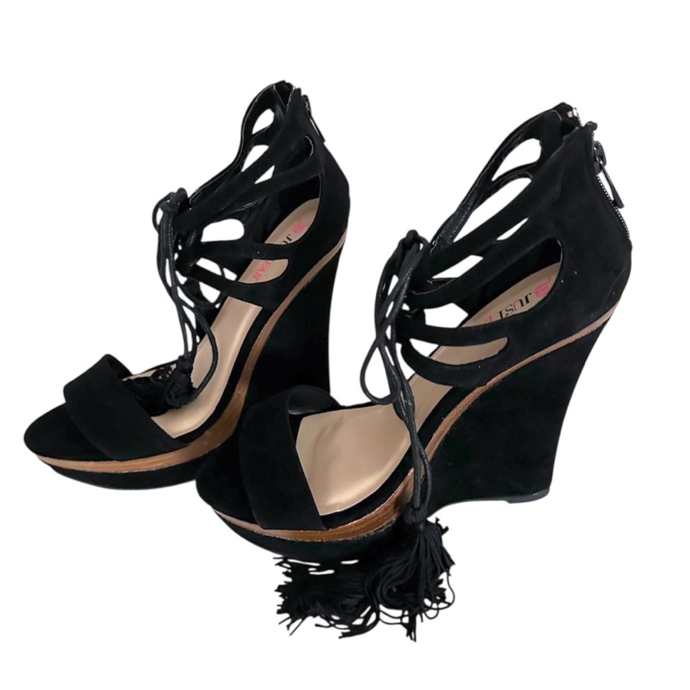 JustFab “Shanghai” Black Cutout Tassel Wedge Sandals Y2K Size 8.5 - Picture 1 of 10